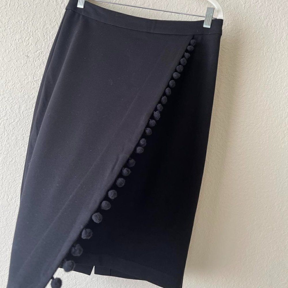 Carmen Marc Valvo Skirt Pencil Black Pom-pom Wrap Knee Rayon Blend Knit Women 6